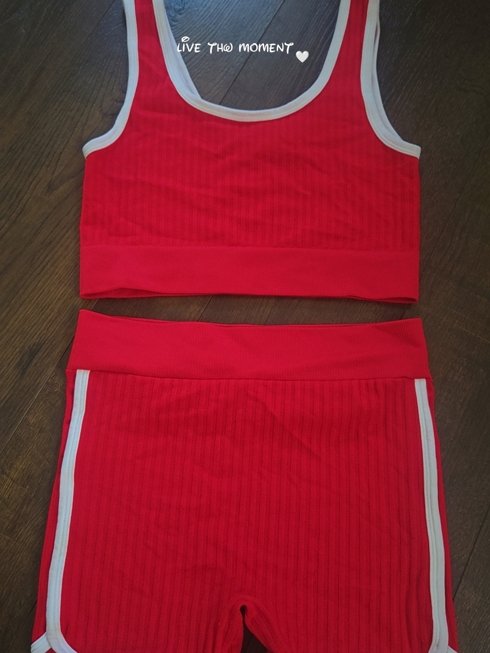 No Boundaries Candy Red Ribbed Athletic Crop Top & Shorts Set with White Trim